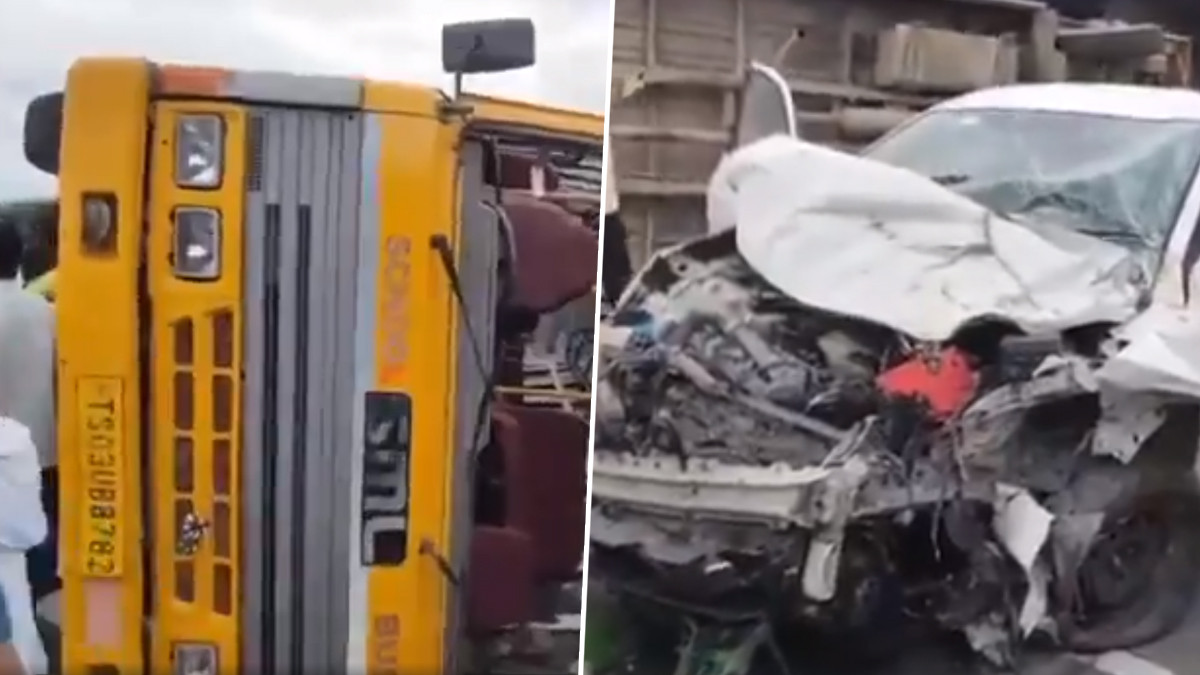 Car Hits School Bus: ఘోర రోడ్డు ప్రమాదం వీడియో ఇదిగో, స్కూలు బస్సును ఢీకొట్టిన కారు, దెబ్బకు బోల్తా పడిన బస్సు, ఆరుగురికి తీవ్ర గాయాలు