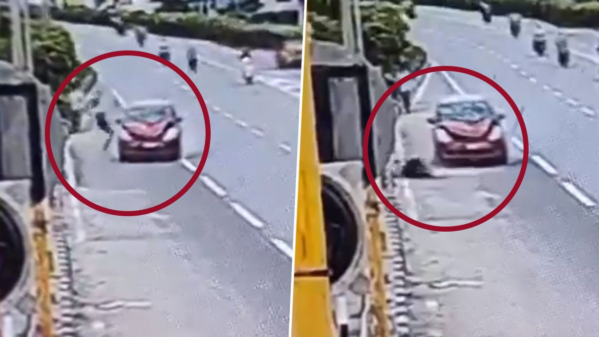 Road Accident Video: వీడియో ఇదిగో, ఫోన్ మాట్లాడుతూ రోడ్డు దాటుతున్న వ్యక్తిని ఢీకొన్న కారు, అమాంతం గాల్లోకి ఎగిరిపడి మృతి