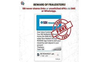 SBI Reward Scam: ఎస్ బీఐ కస్ట‌మ‌ర్ల‌కు బీ అల‌ర్ట్! రివార్డు పాయింట్లు రిడీమ్ చేసుకునేందుకు బంపర్ ఆఫ‌ర్ అంటూ మెసేజ్ లు..ఆ లింక్ క్లిక్ చేస్తే ఖ‌త‌మే!