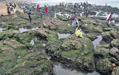 Vizag Beach: వైజాగ్ బీచ్ లో 400 మీటర్ల మేర వెనక్కి వెళ్లిన సముద్రం.. సాగరం నుంచి బయటపడ్డ రాళ్లపై పర్యాటకుల సందడి