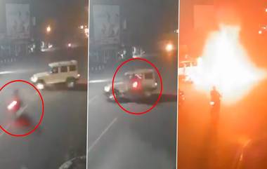 Accident Caught on Camera: షాకింగ్ యాక్సిడెంట్ వీడియో ఇదిగో, బొలెరోను ఢీకొట్టి పేలిపోయిన బైక్, ముగ్గురు మృతి చెందినట్లుగా వార్తలు