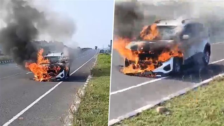 Car Catches Fire in Guntur: వీడియో ఇదిగో, ఒంగోలు వైపు నుంచి గుంటూరు వైపు వెళ్తున్న కారులో అక‌స్మాత్తుగా చెలరేగిన మంటలు, తృటిలో ప్రాణాలతో బయటపడ్డ డ్రైవర్