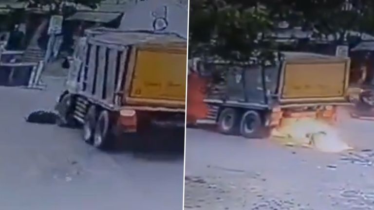 Accident Caught on Camera: ఘోర రోడ్డు ప్రమాదం వీడియో ఇదిగో, బైకును టిప్పర్ ఢీకొట్టడంతో ఒక్కసారిగా ఎగసిన మంటలు, గాయాలతో బయటపడ్డ బైకర్