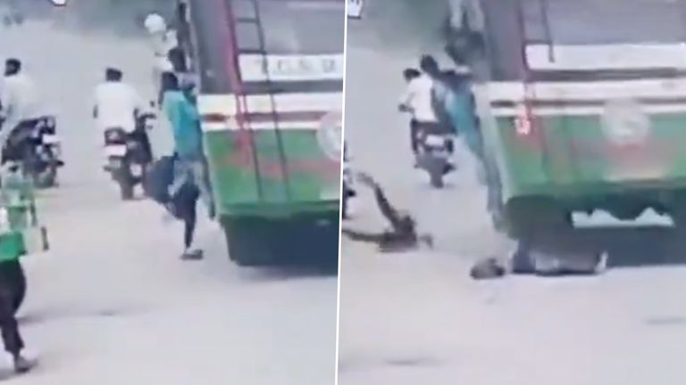 Accident Caught on Camera: షాకింగ్ సీసీటీవీ ఫుటేజ్, ఆర్టీసీ బస్సు నుంచి జారిపడిన విద్యార్థిని, కాళ్ళపై నుండి బస్సు వెళ్లడంతో తీవ్రగాయాలు