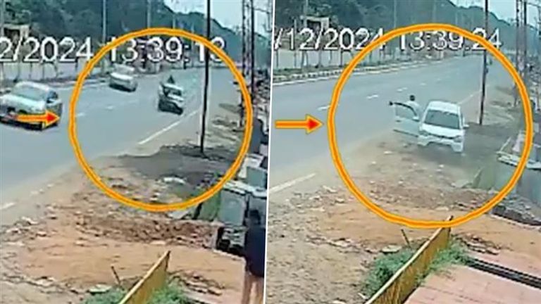 Road Accident Caught on Camera: బైకును కారు ఎలా ఢీకొట్టిందో చూడండి, ఎగిరి అవతల పడిన రైడర్, అంతే వేగంతో ముందు వెళుతున్న కారును ఢీకొట్టిన బైక్