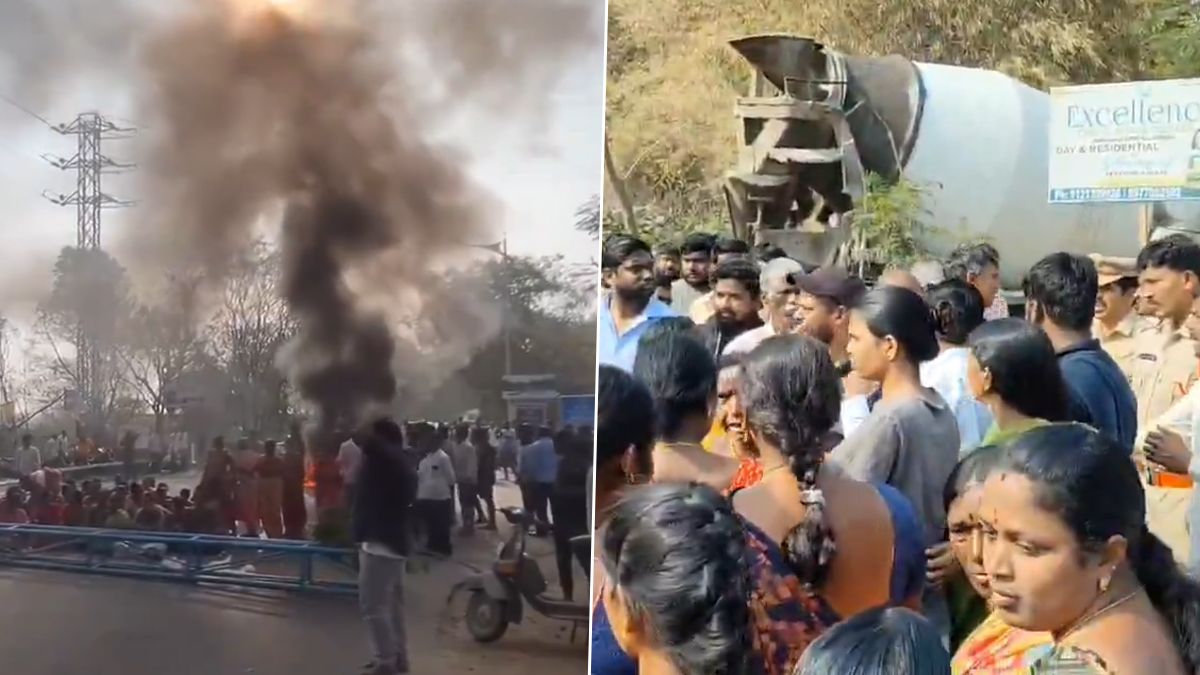 Hyderabad Road Accident: వీడియో ఇదిగో, బస్సు కోసం వెయిట్ చేస్తున్న ఇద్దరు మహిళలను ఢీకొన్న రెడీమిక్స్ లారీ, పరిస్థితి విషమం