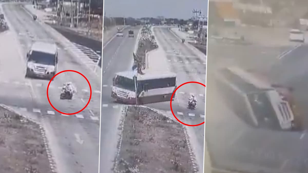 Road Accident Video: షాకింగ్ వీడియో, బైక్‌ను తప్పించబోయి రోడ్డు మీద ఒక్కసారిగా బోల్తాపడిన ఆర్టీసీ బస్సు, 37 మంది ప్రయాణికులకు గాయాలు