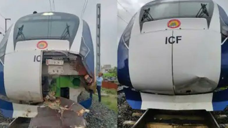 Vande Bharat Express Hits Cow: నిన్న బర్రెలు, ఇవాళ ఆవులు, వందేభారత్ ట్రైన్‌కు మరో ప్రమాదం, ఆవు ఢీకొట్టడంతో ముందుభాగం డ్యామేజ్, వందే భారత్ ట్రైన్ క్వాలిటీపై విమర్శలు