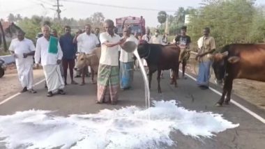 Tamil Nadu: వీడియో ఇదిగో, సరైన ధర లేదంటూ వందల లీటర్ల పాలును రోడ్డుపై పారబోసిన రైతులు, పాల సేకరణ ధరలు పెంచాలంటూ తమిళనాడు ప్రభుత్వంపై నిరసన