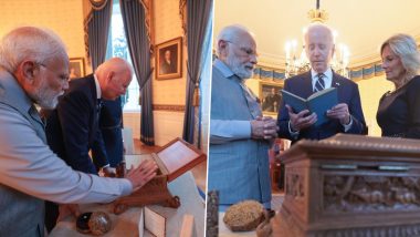 PM Modi Meets Joe Biden: జో బైడెన్‌కు అరుదైన కానుకలు ఇచ్చిన ప్రధాని మోదీ, వైట్‌హౌజ్‌లో మోదీకి అపూర్వ స్వాగతం, వర్షంలోనూ మోదీకి స్వాగతం పలికేందుకు ఎదురుచూసిన ఇండో అమెరికన్లు