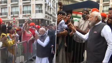 PM Modi in Paris: వీడియో ఇదిగో, ప్రధాని మోదీని చూసేందుకు భారత జెండాలతో తరలివచ్చిన ప్రవాస భారతీయులు, శుభాకాంక్షలు తెలిపిన ప్రధాని