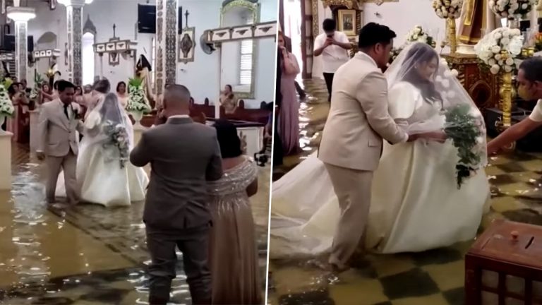 Bride Walks Down Flooded: భారీ వరదలు, అడుగు మేర నీటిలో భర్తతో కలిసి ఏడడుగులు నడిచిన వధువు, వైరల్ అవుతున్న పెళ్లి వీడియో ఇదిగో..