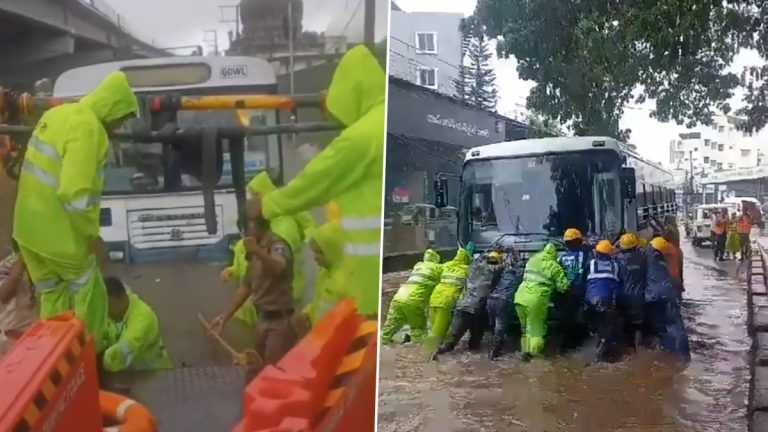 Hyderabad Rains: భారీ వర్షాలకు హఐదరాబాద్ నగరంలో రోడ్డు మధ్యలో నీటిలో చిక్కుకుపోయిన ఆర్టీసీ బస్సులు, వీడియోలు ఇవిగో..