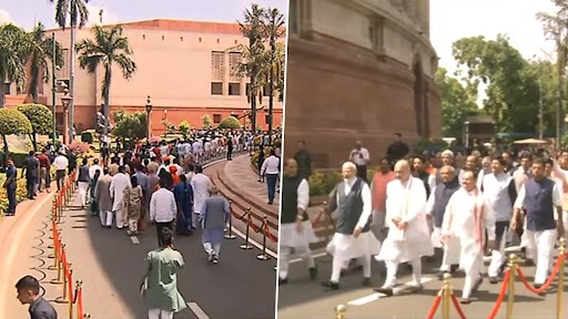 PM Modi & MPs Enter New Parliament Building: వీడియో ఇదిగో, ప్రధాని మోదీ వెంట పాత భవనం నుంచి కొత్తభవనంలోకి తరలివెళ్లిన ఎంపీలు