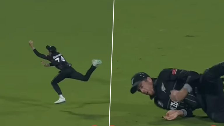 Mitchell Santner Catch Video: మిచెల్ శాంట్నర్‌ కళ్లు చెదిరే క్యాచ్‌ వీడియో ఇదిగో, ముందుకు డైవ్ చేస్తూ ఒంటి చేత్తో క్యాచ్ అందుకున్న కివీస్ స్టార్ ఆల్‌రౌండర్‌