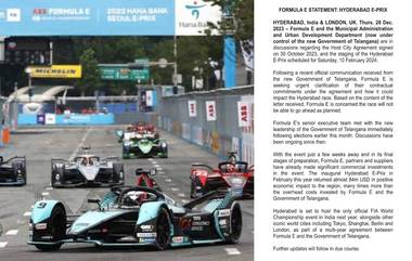 Formula-E Race Cancelled in Hyd: హైదరాబాద్‌లో ఫార్ములా-ఈ రేస్ రద్దు చేస్తున్నట్లు అధికారికంగా ప్రకటించిన ఫార్ములా-ఈ ప్రతినిధులు