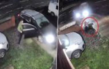 UK Car Theft Video: కారును దొంగ ఎలా దొంగతనం చేస్తున్నాడో వీడియోలో చూడండి, యజమానిని గోడకేసి గుద్ది కారును వెనక్కి మళ్లించి తీసుకుని పరారయిన దొంగ