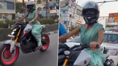 Woman Riding Sports Bike in Saree: చీరకట్టుతో వరంగల్ రోడ్లపై స్పోర్ట్స్ బైక్ నడిపిన యువతి, కుర్ర హృదయాలను కొల్లగొడుతున్న వీడియో ఇదిగో..