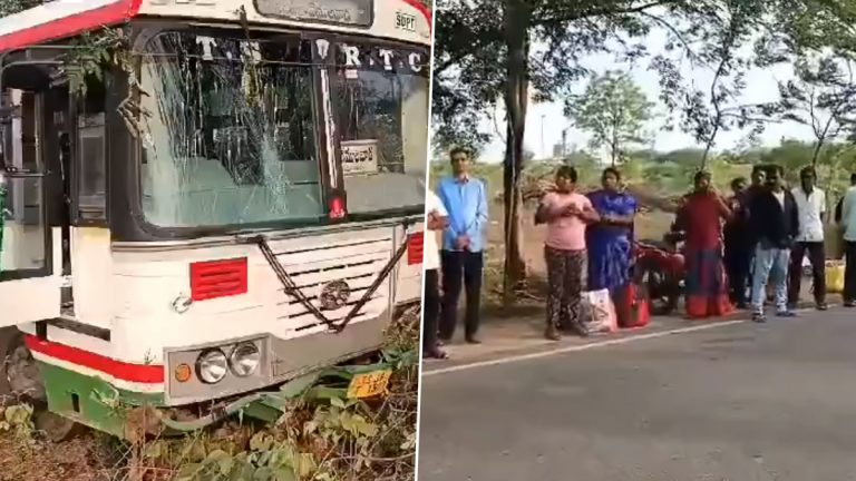 TGSRTC Bus Accident Video: వీడియో ఇదిగో, అదుపుతప్పి పొదల్లోకి దూసుకెళ్లిన టీజీఎస్ఆర్టీసీ బస్సు, అదృష్టవశాత్తూ ప్రాణాలతో బయటపడ్డ 35 మంది ప్రయాణికులు